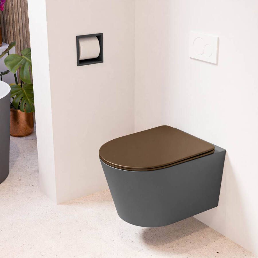 Mondiaz LAVIE hangend toilet single fire rimless diepspoel Dark Grey Toiletzitting met quick-release & softclose Rust