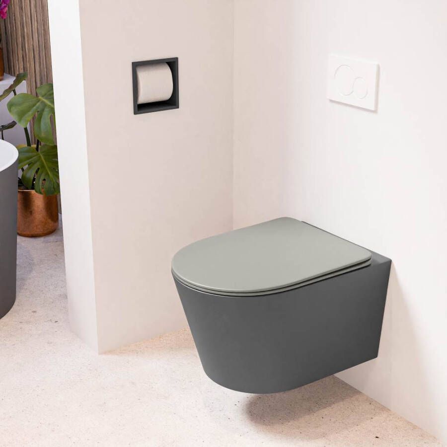 Mondiaz LAVIE hangend toilet single fire rimless diepspoel Dark Grey Toiletzitting met quick-release & softclose Smoke