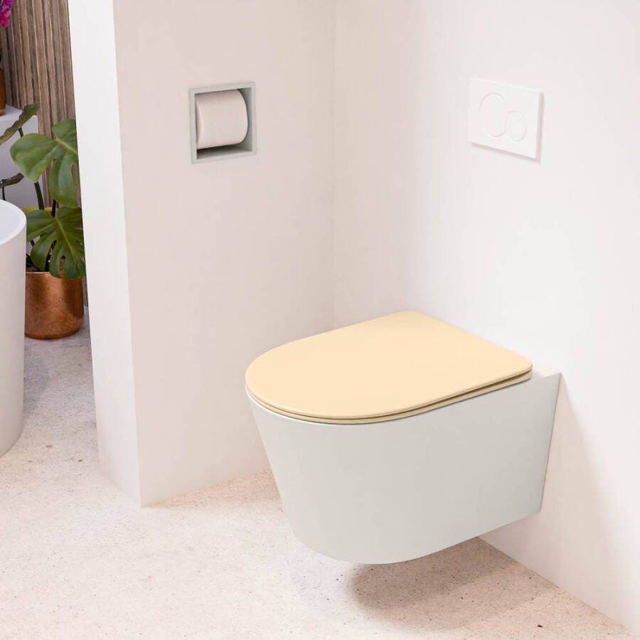 Mondiaz LAVIE hangend toilet single fire rimless diepspoel Linen Toiletzitting met quick-release & softclose Sand