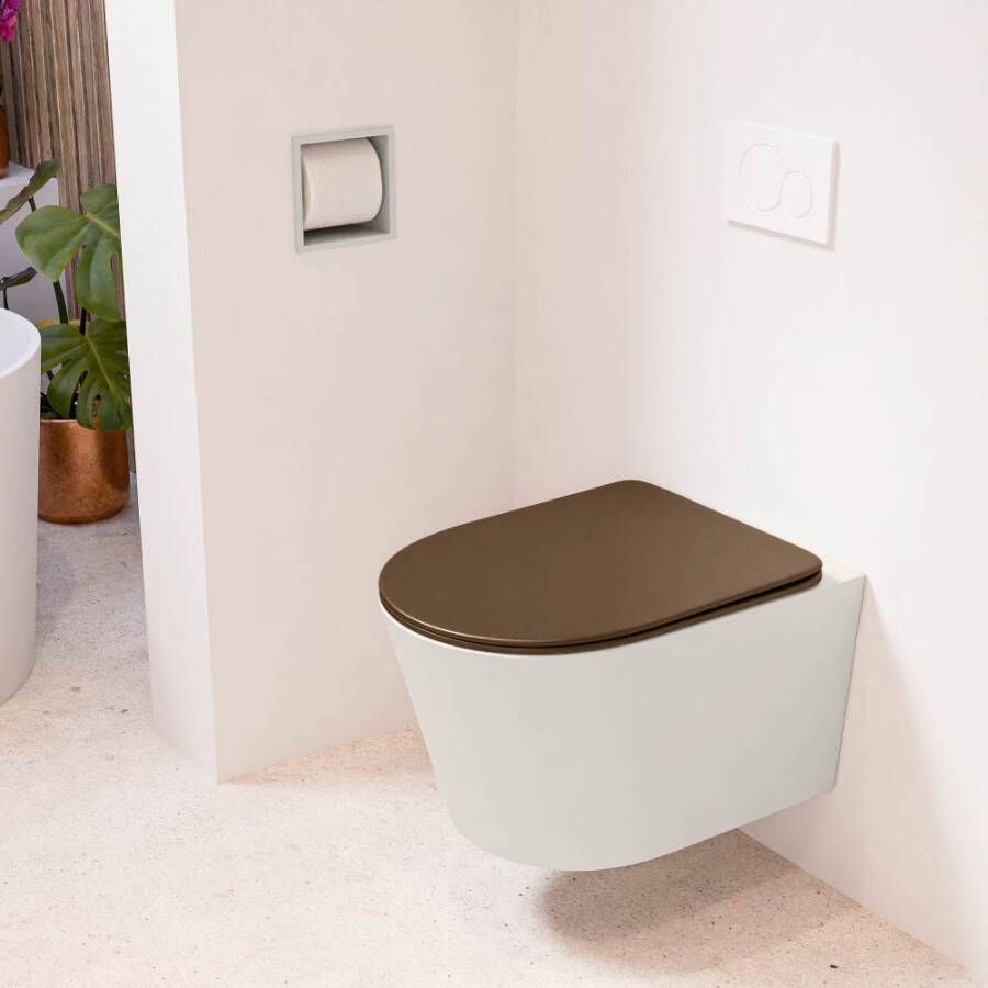 Mondiaz LAVIE hangend toilet single fire rimless diepspoel Linen Toiletzitting met quick-release & softclose Rust