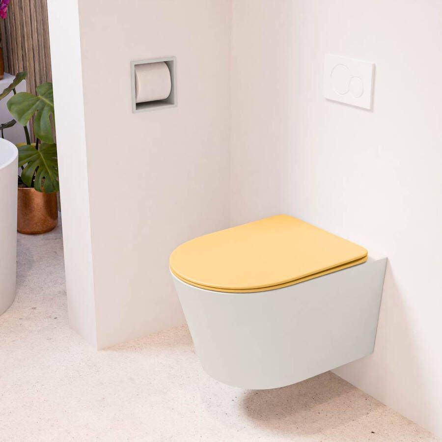 Mondiaz LAVIE hangend toilet single fire rimless diepspoel Linen Toiletzitting met quick-release & softclose Ocher