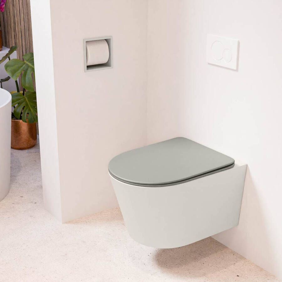 Mondiaz LAVIE hangend toilet single fire rimless diepspoel Linen Toiletzitting met quick-release & softclose Smoke