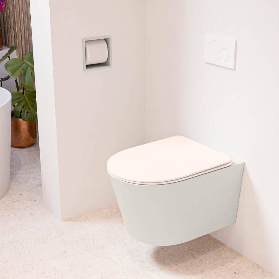 Mondiaz LAVIE hangend toilet single fire rimless diepspoel Linen Toiletzitting met quick-release & softclose Rosee