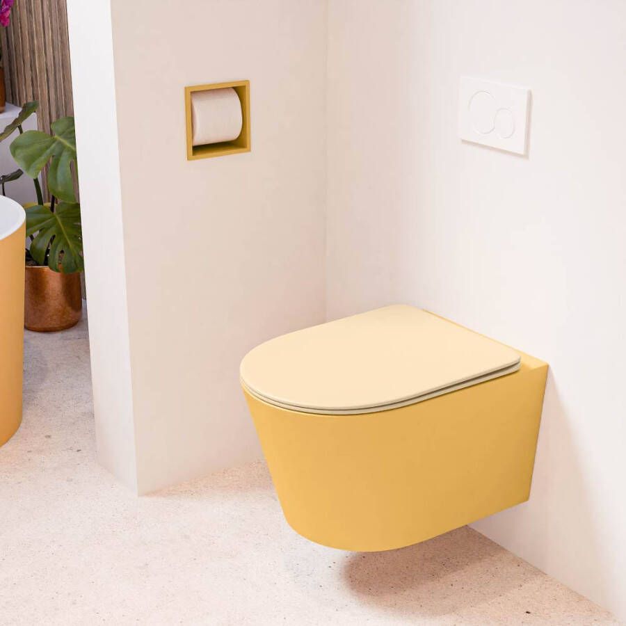 Mondiaz LAVIE hangend toilet single fire rimless diepspoel Ocher Toiletzitting met quick-release & softclose Sand