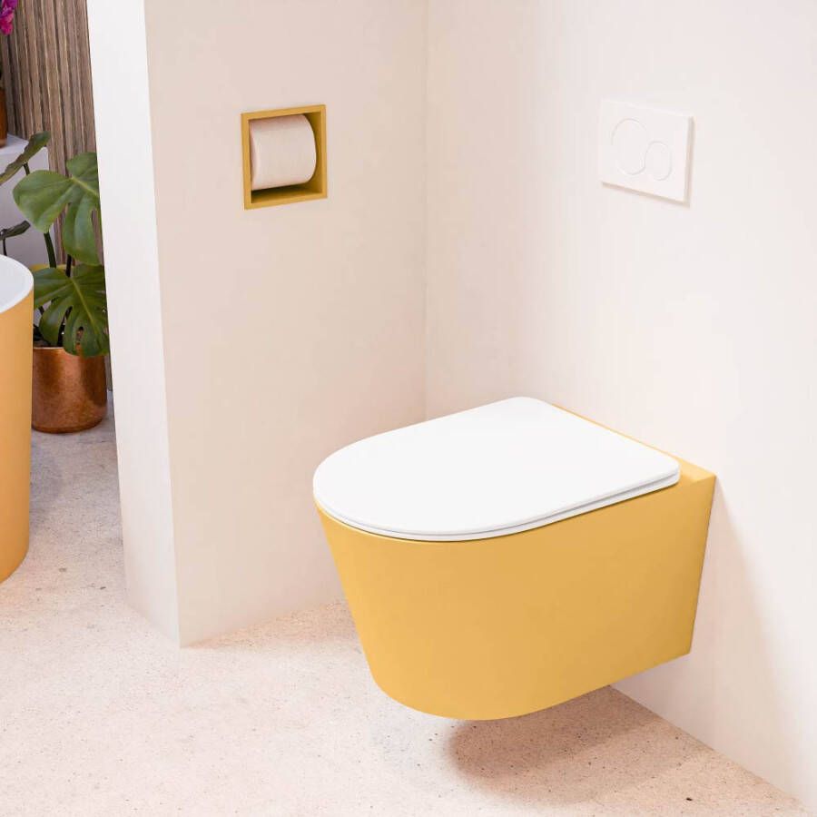 Mondiaz LAVIE hangend toilet single fire rimless diepspoel Ocher Toiletzitting met quick-release & softclose Talc