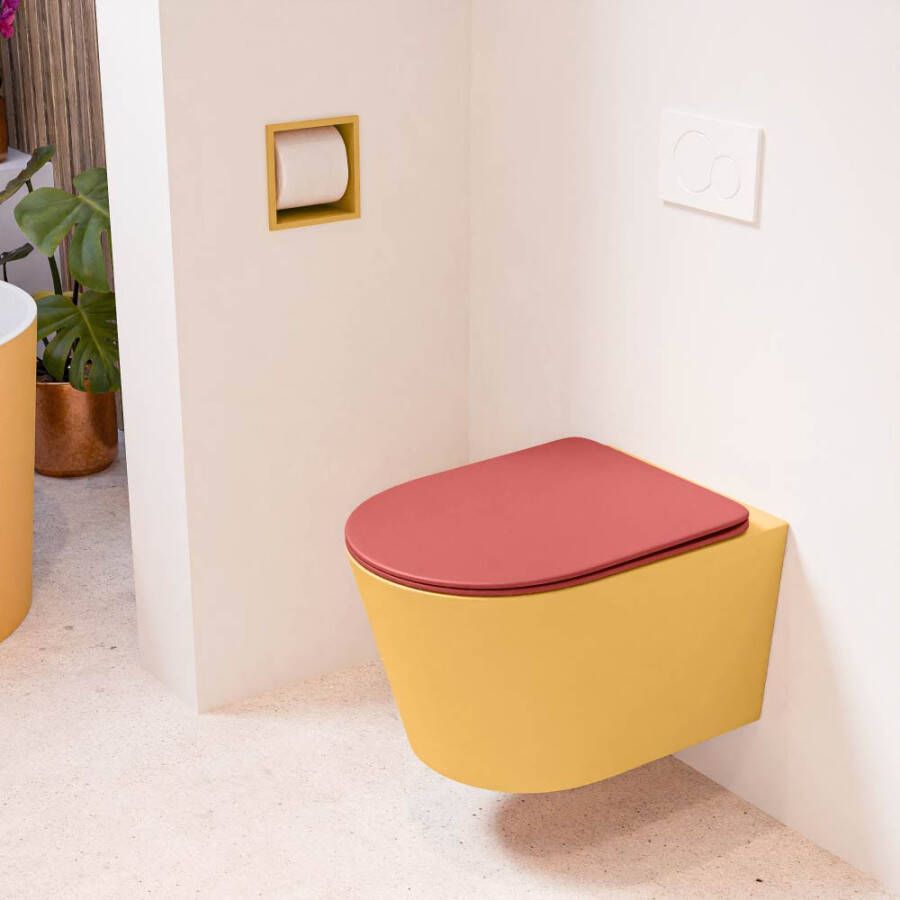 Mondiaz LAVIE hangend toilet single fire rimless diepspoel Ocher Toiletzitting met quick-release & softclose Fire