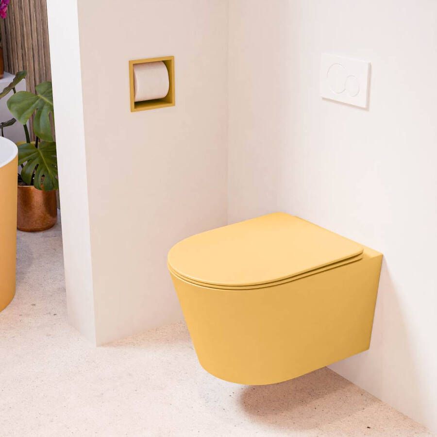 Mondiaz LAVIE hangend toilet single fire rimless diepspoel Ocher Toiletzitting met quick-release & softclose Ocher