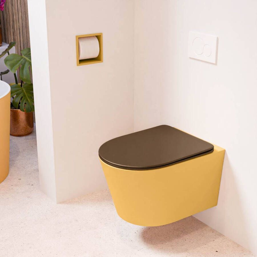 Mondiaz LAVIE hangend toilet single fire rimless diepspoel Ocher Toiletzitting met quick-release & softclose Rust