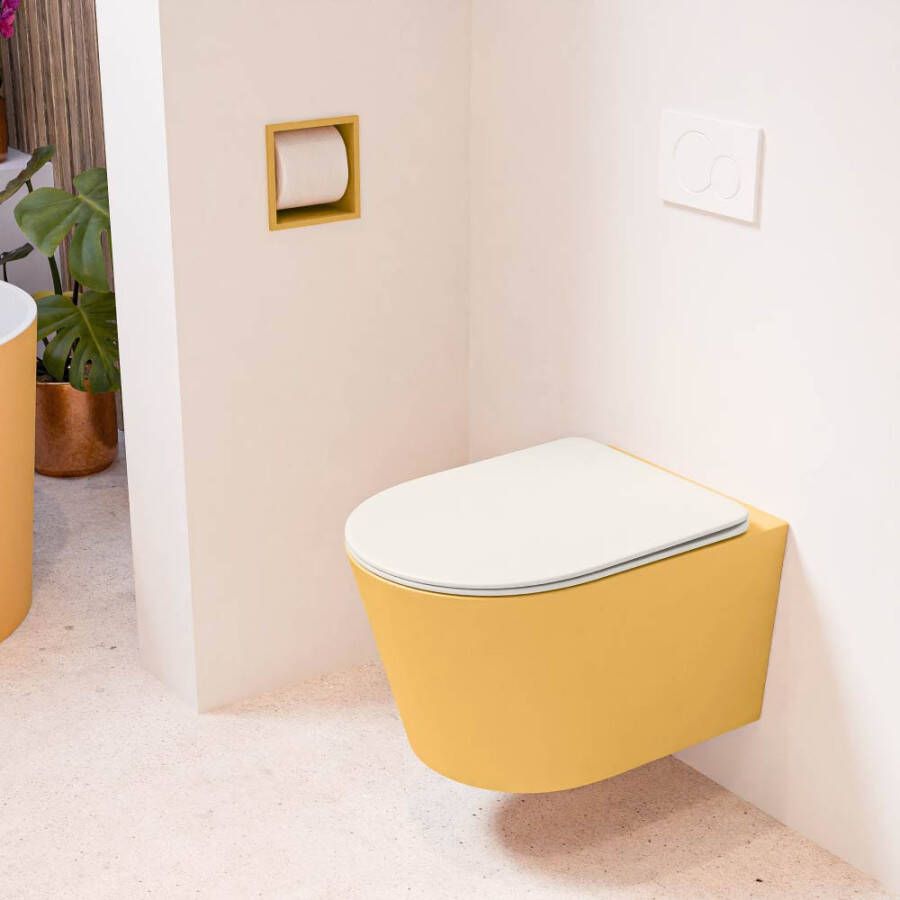 Mondiaz LAVIE hangend toilet single fire rimless diepspoel Ocher Toiletzitting met quick-release & softclose Linen