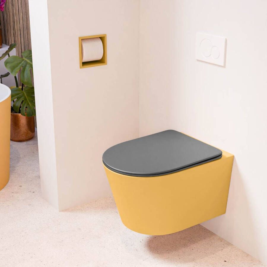 Mondiaz LAVIE hangend toilet single fire rimless diepspoel Ocher Toiletzitting met quick-release & softclose Dark Grey