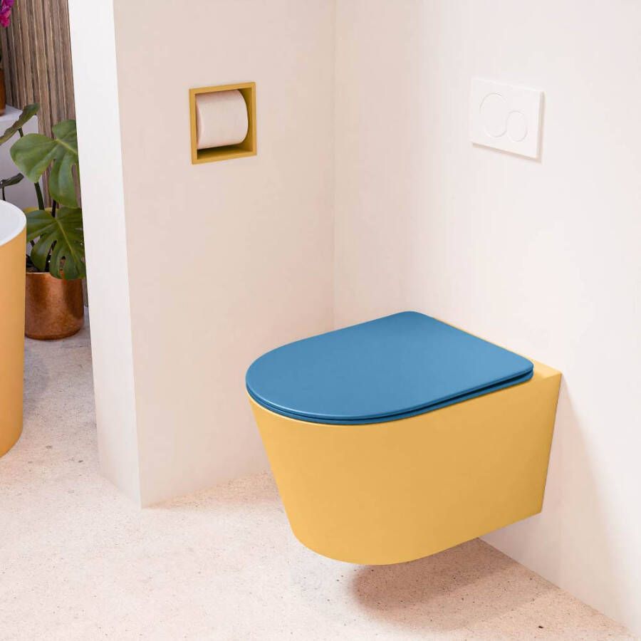 Mondiaz LAVIE hangend toilet single fire rimless diepspoel Ocher Toiletzitting met quick-release & softclose Jeans