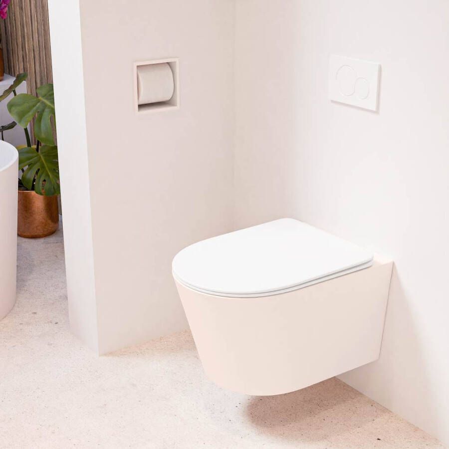 Mondiaz LAVIE hangend toilet single fire rimless diepspoel Rosee Toiletzitting met quick-release & softclose Talc