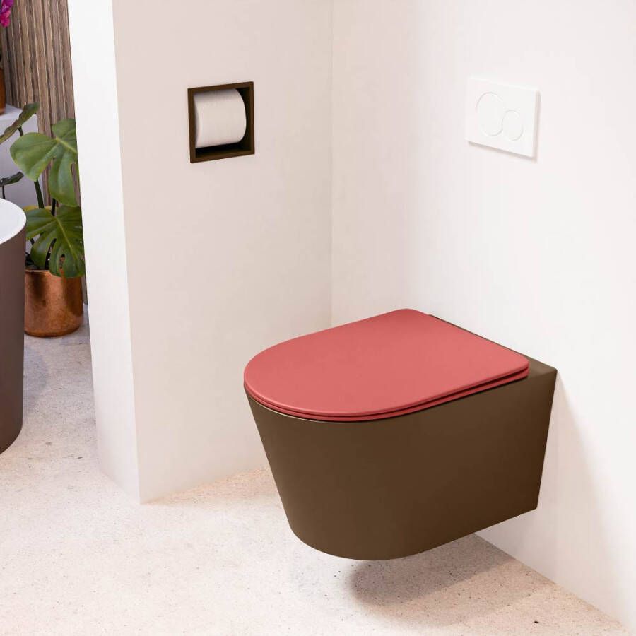 Mondiaz LAVIE hangend toilet single fire rimless diepspoel Rust Toiletzitting met quick-release & softclose Fire