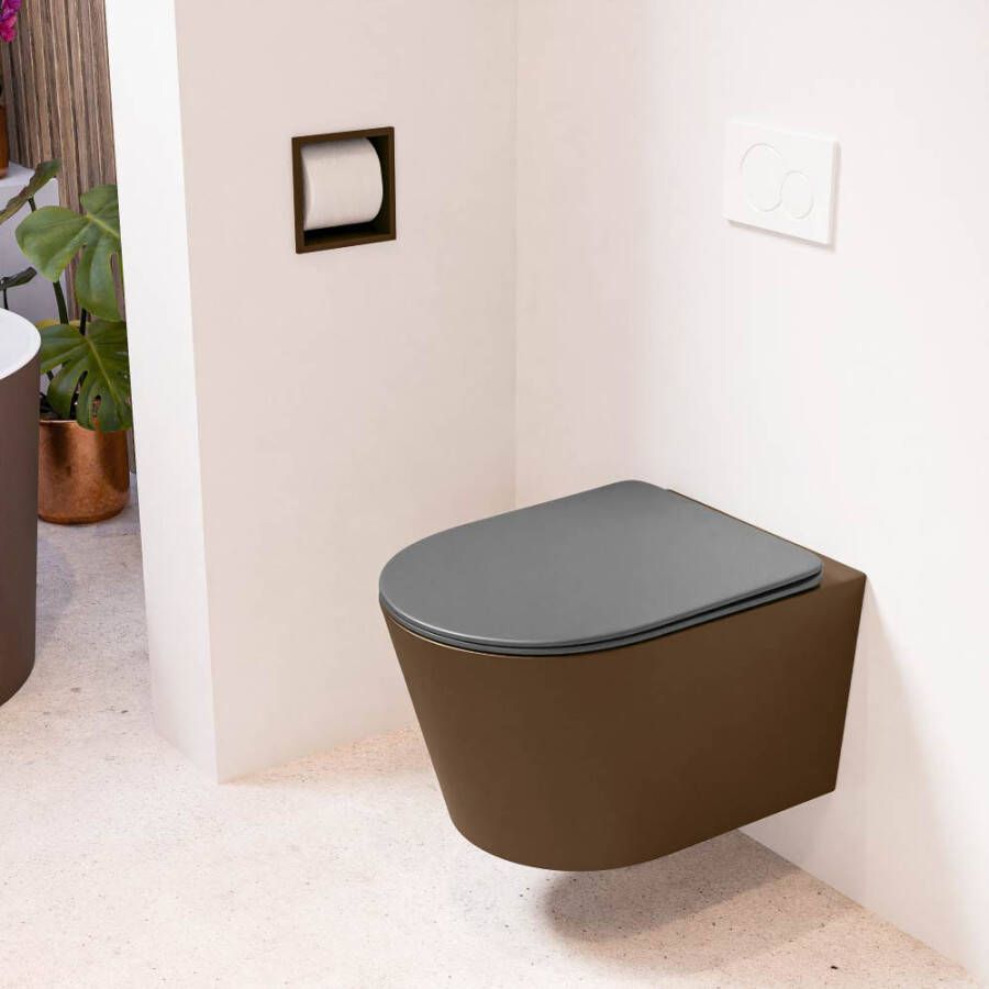 Mondiaz LAVIE hangend toilet single fire rimless diepspoel Rust Toiletzitting met quick-release & softclose Dark Grey