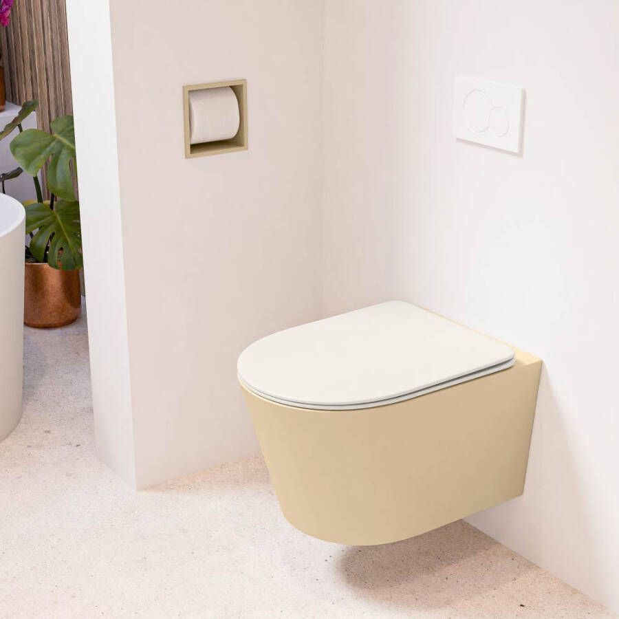 Mondiaz LAVIE wandclosetpack 36x53cm diepspoel rimless Sand (beige) softclose quick-release toiletzitting Linen (offwhite) LAVIEsetSanLin