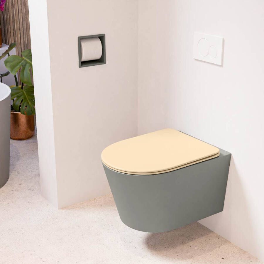 Mondiaz LAVIE hangend toilet single fire rimless diepspoel Smoke Toiletzitting met quick-release & softclose Sand
