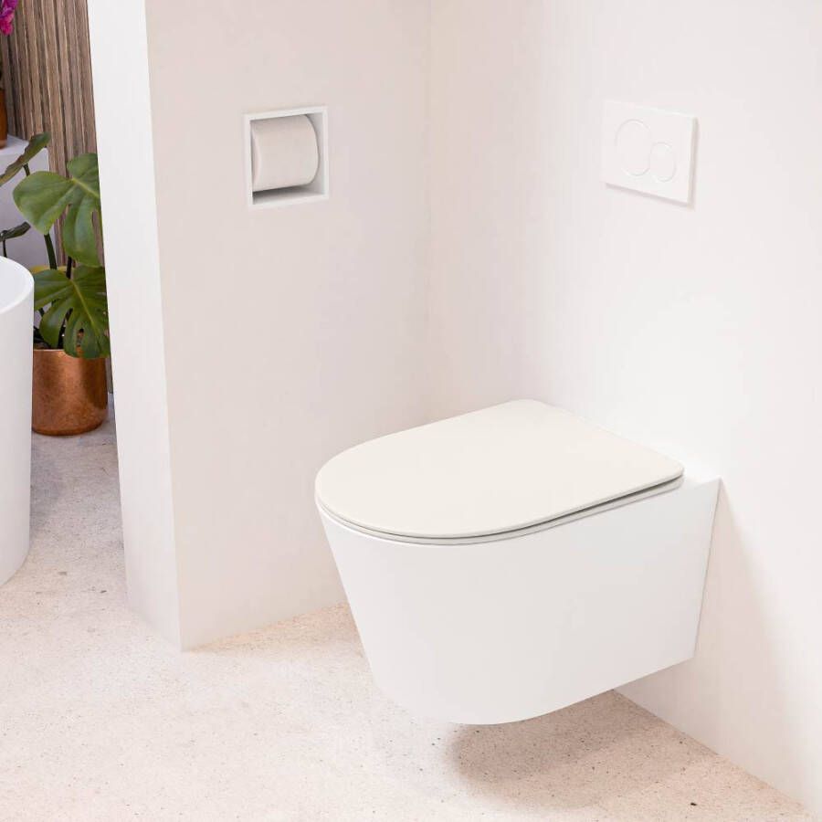 Mondiaz LAVIE hangend toilet single fire rimless diepspoel Talc Toiletzitting met quick-release & softclose Linen