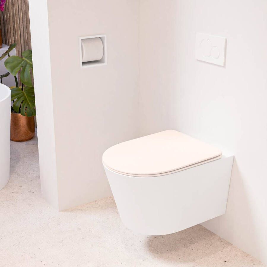 Mondiaz LAVIE hangend toilet single fire rimless diepspoel Talc Toiletzitting met quick-release & softclose Rosee