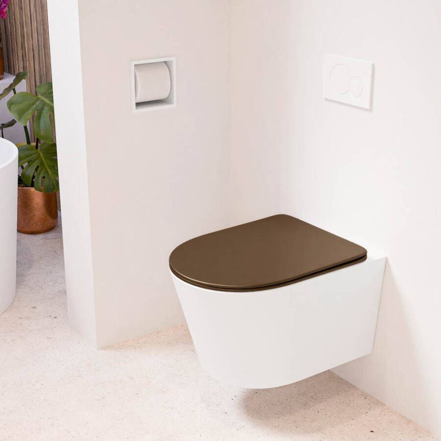 Mondiaz LAVIE hangend toilet single fire rimless diepspoel Talc Toiletzitting met quick-release & softclose Rust