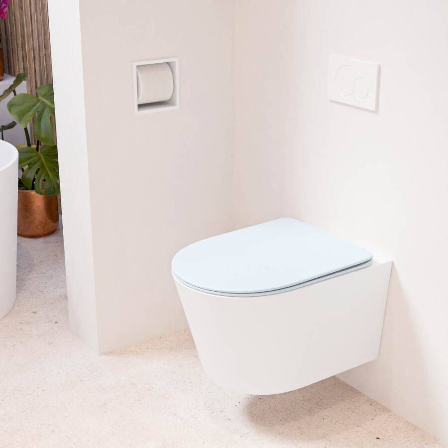 Mondiaz LAVIE hangend toilet single fire rimless diepspoel Talc Toiletzitting met quick-release & softclose Clay