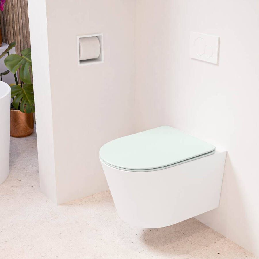 Mondiaz LAVIE hangend toilet single fire rimless diepspoel Talc Toiletzitting met quick-release & softclose Greey