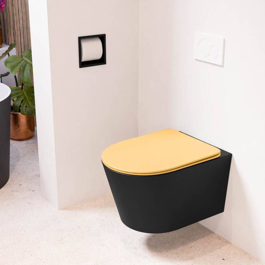 Mondiaz LAVIE hangend toilet single fire rimless diepspoel Urban Toiletzitting met quick-release & softclose Ocher