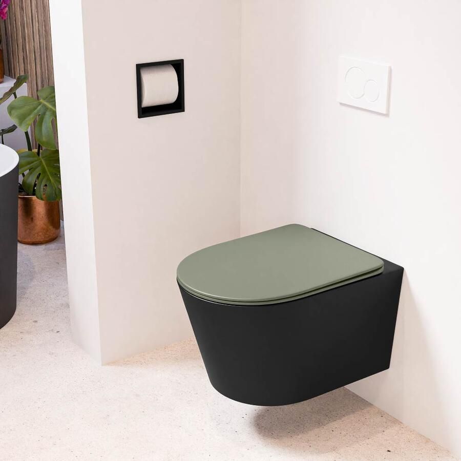 Mondiaz LAVIE wandclosetpack 36x53cm diepspoel rimless Urban (zwart) softclose quick-release toiletzitting Army (groen) LAVIEsetUrbArm