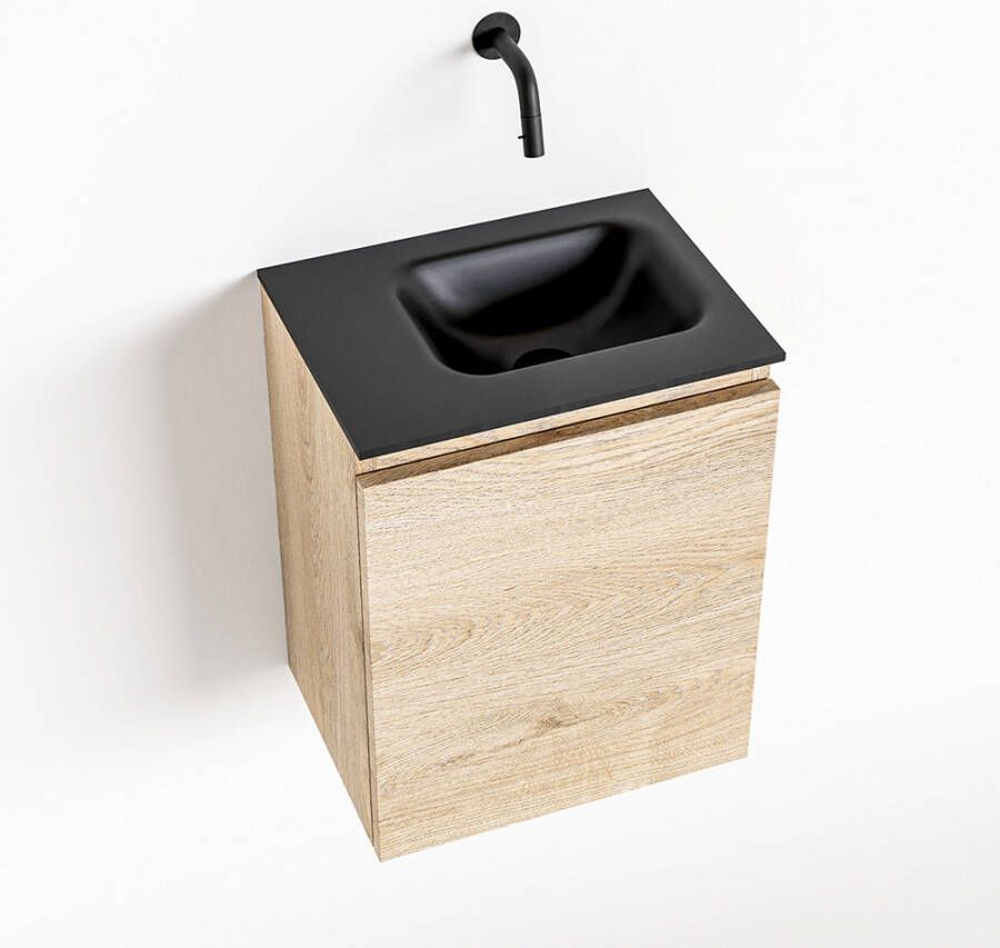 Mondiaz OLAN Toiletmeubel 40x30x40cm met 0 kraangaten 1 lades washed oak mat Wastafel Lex rechts Solid Surface Zwart FK75343018