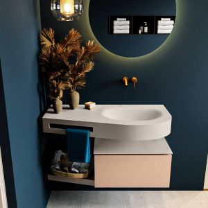 Mondiaz RIVA Badkamermeubelset 100x50x30cm 1 lade MDF Rosee mat push to open 0 kraangaten wasbak rechts solid surface talc RIVA10114