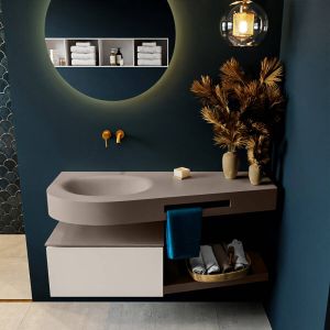 Mondiaz RIVA badmeubelsets 120x50x30cm 1 lade MDF Linen mat push to open 0 kraangaten 1 wasbak links Smoke solid surface RIVA10901