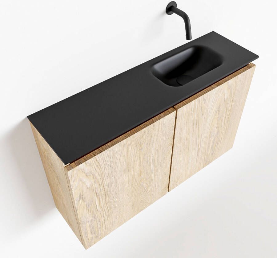 Mondiaz TURE Toiletmeubel 80x23x50cm met 0 kraangaten 2 deuren washed oak mat Wastafel Eden rechts Solid Surface Zwart FK75341638