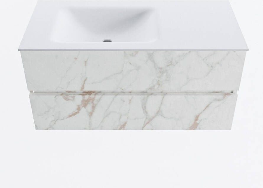 Mondiaz VICA 100cm badmeubel onderkast Carrara 2 lades. Wastafel CLOUD links 1 kraangat kleur Talc.