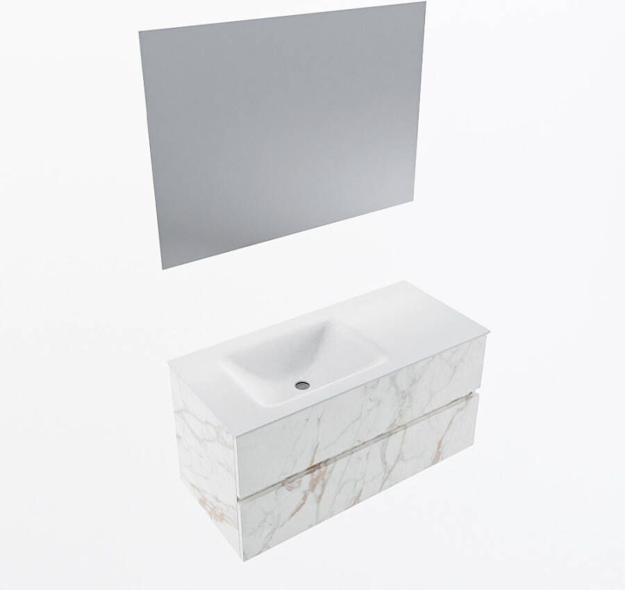 Mondiaz VICA 100cm badmeubel onderkast Carrara 2 lades. Wastafel CLOUD links zonder kraangat kleur Talc.