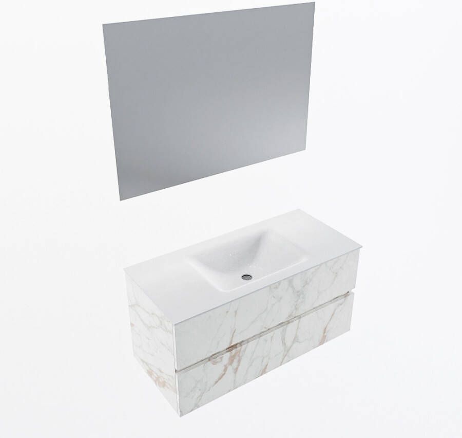 Mondiaz VICA 100cm badmeubel onderkast Carrara 2 lades. Wastafel CLOUD midden zonder kraangat kleur Talc.