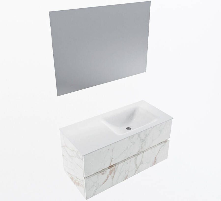 Mondiaz VICA 100cm badmeubel onderkast Carrara 2 lades. Wastafel CLOUD rechts zonder kraangat kleur Talc.
