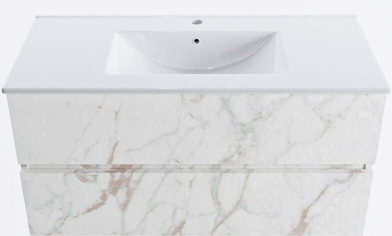 Mondiaz VICA 100cm badmeubel onderkast Carrara 2 lades. Wastafel DENIA midden 1 kraangat kleur Glanzend Wit.