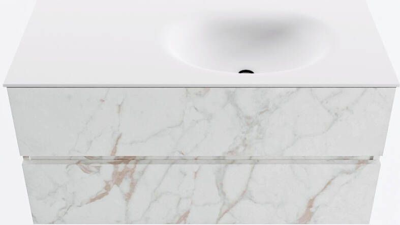 Mondiaz VICA 100cm badmeubel onderkast Carrara 2 lades. Wastafel MOON rechts zonder kraangat kleur Talc.