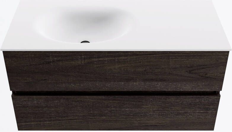 Mondiaz VICA 100cm badmeubel onderkast Dark Brown 2 lades. Wastafel MOON links 1 kraangat kleur Talc.