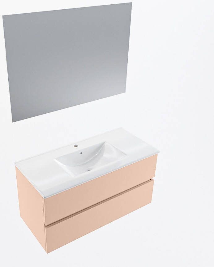 Mondiaz VICA 100cm badmeubel onderkast Rosee 2 lades. Wastafel DENIA midden 1 kraangat kleur Glanzend Wit.