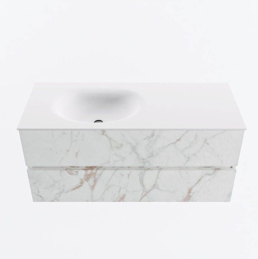 Mondiaz VICA 110cm badmeubel onderkast Carrara 2 lades. Wastafel MOON links 1 kraangat kleur Talc.