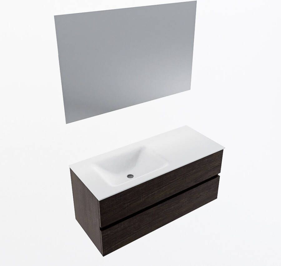 Mondiaz VICA 110cm badmeubel onderkast Dark Brown 2 lades. Wastafel CLOUD links 1 kraangat kleur Talc.