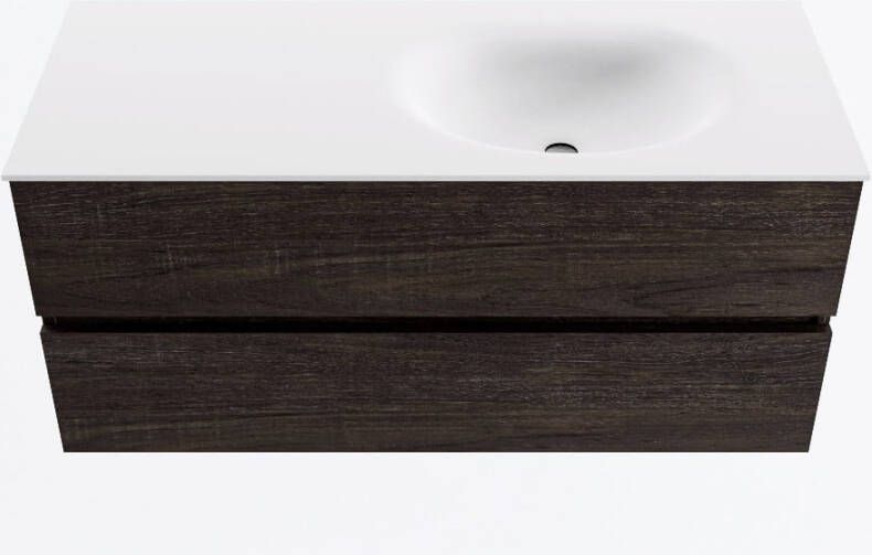 Mondiaz VICA 110cm badmeubel onderkast Dark Brown 2 lades. Wastafel MOON rechts zonder kraangat kleur Talc.