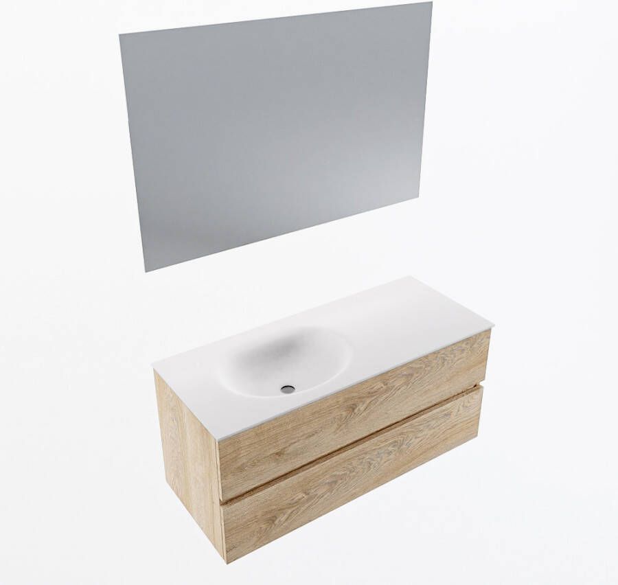 Mondiaz VICA 110cm badmeubel onderkast Washed Oak 2 lades. Wastafel MOON links 1 kraangat kleur Talc.