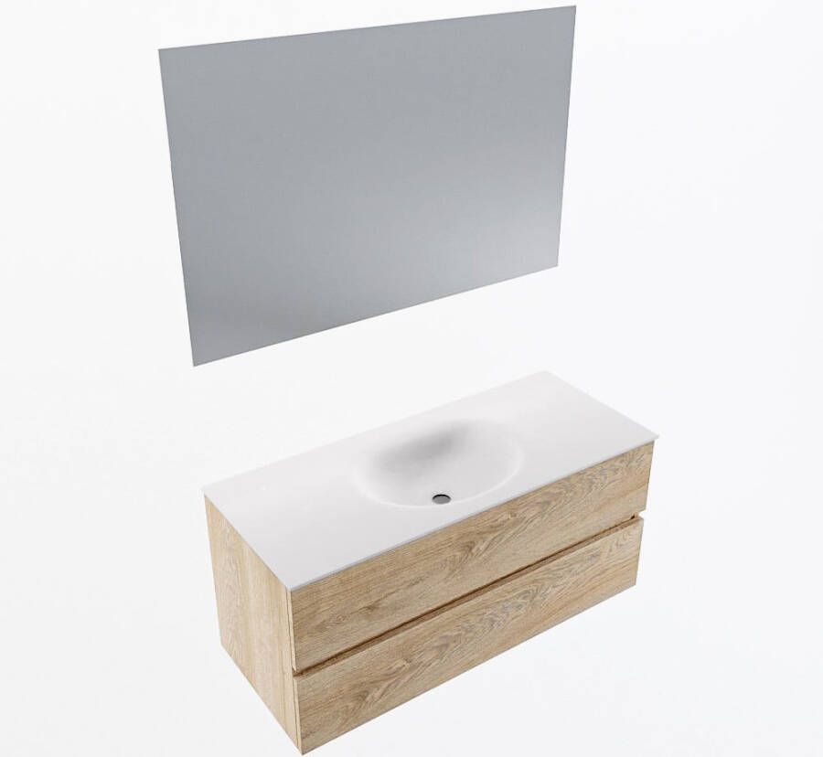 Mondiaz VICA 110cm badmeubel onderkast Washed Oak 2 lades. Wastafel MOON midden zonder kraangat kleur Talc.
