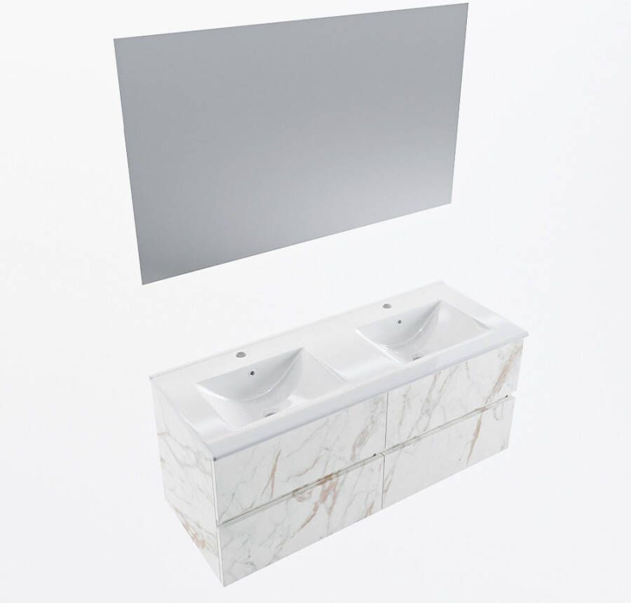 Mondiaz VICA 120cm badmeubel onderkast Carrara 4 lades. Wastafel DENIA dubbel 2 kraangaten kleur Glanzend Wit.
