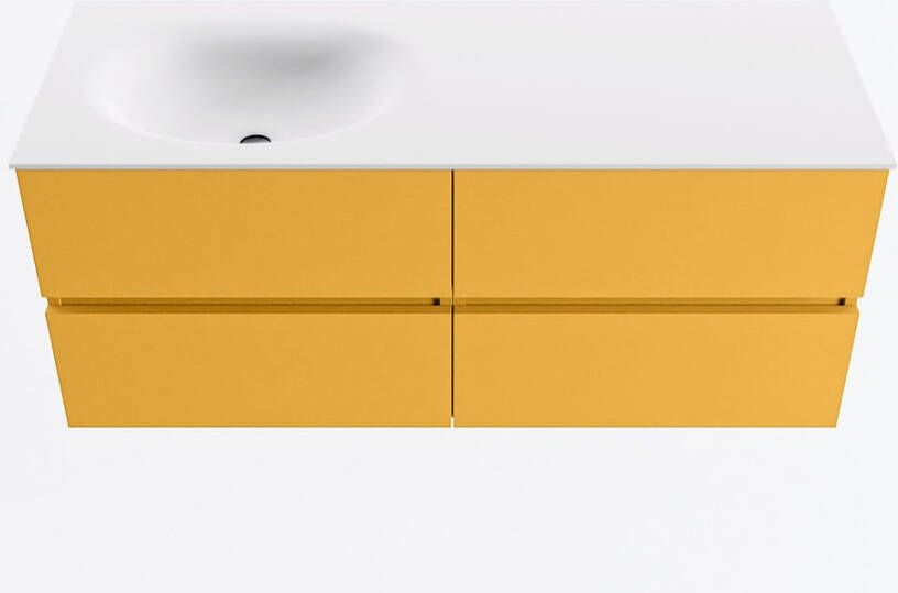 Mondiaz VICA 120cm badmeubel onderkast Ocher 4 lades. Wastafel MOON links zonder kraangat kleur Talc.
