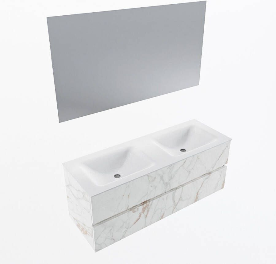 Mondiaz VICA 130cm badmeubel onderkast Carrara 2 lades. Wastafel CLOUD dubbel 2 kraangaten kleur Talc.