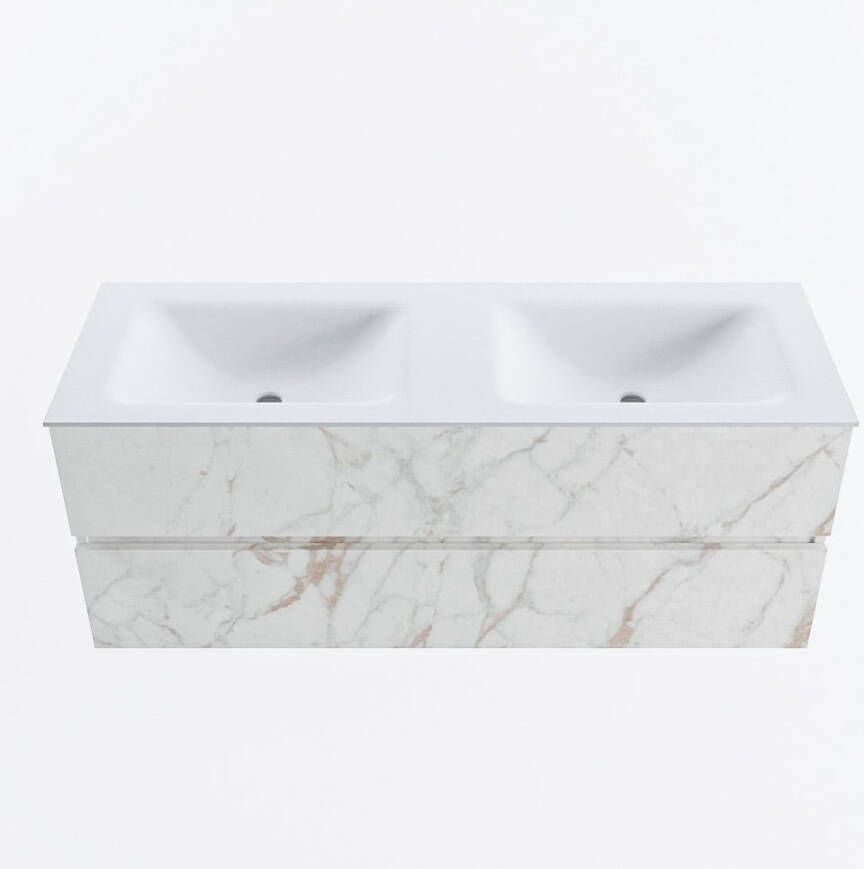Mondiaz VICA 130cm badmeubel onderkast Carrara 2 lades. Wastafel CLOUD dubbel zonder kraangat kleur Talc.