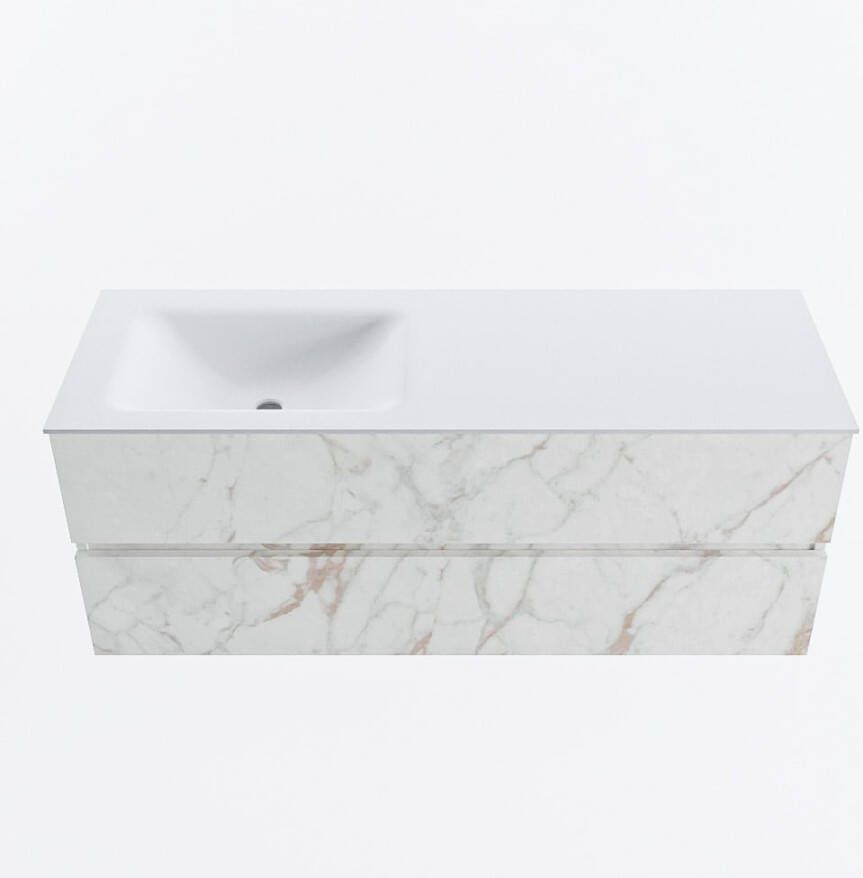 Mondiaz VICA 130cm badmeubel onderkast Carrara 2 lades. Wastafel CLOUD links 1 kraangat kleur Talc.