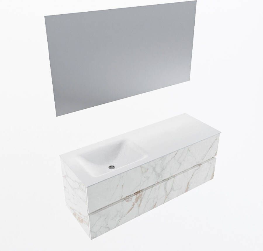 Mondiaz VICA 130cm badmeubel onderkast Carrara 2 lades. Wastafel CLOUD links zonder kraangat kleur Talc.